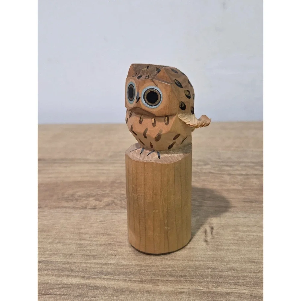 Vintage Japanese Sasano Bori Hand Carved Wooden Owl Figure Folk Art 3.5''